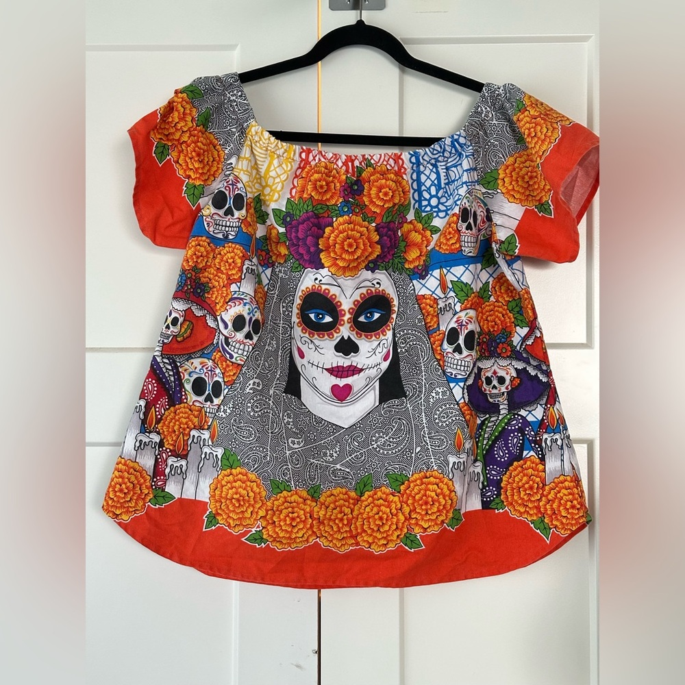 Vibrant Mexican off the shoulder Day of the Dead‎ Skulls 3/4 sleeve EG XL